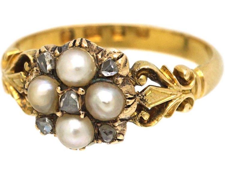 Victorian 18ct Gold ,Natural Split Pearls & Rose Diamond Cluster Ring