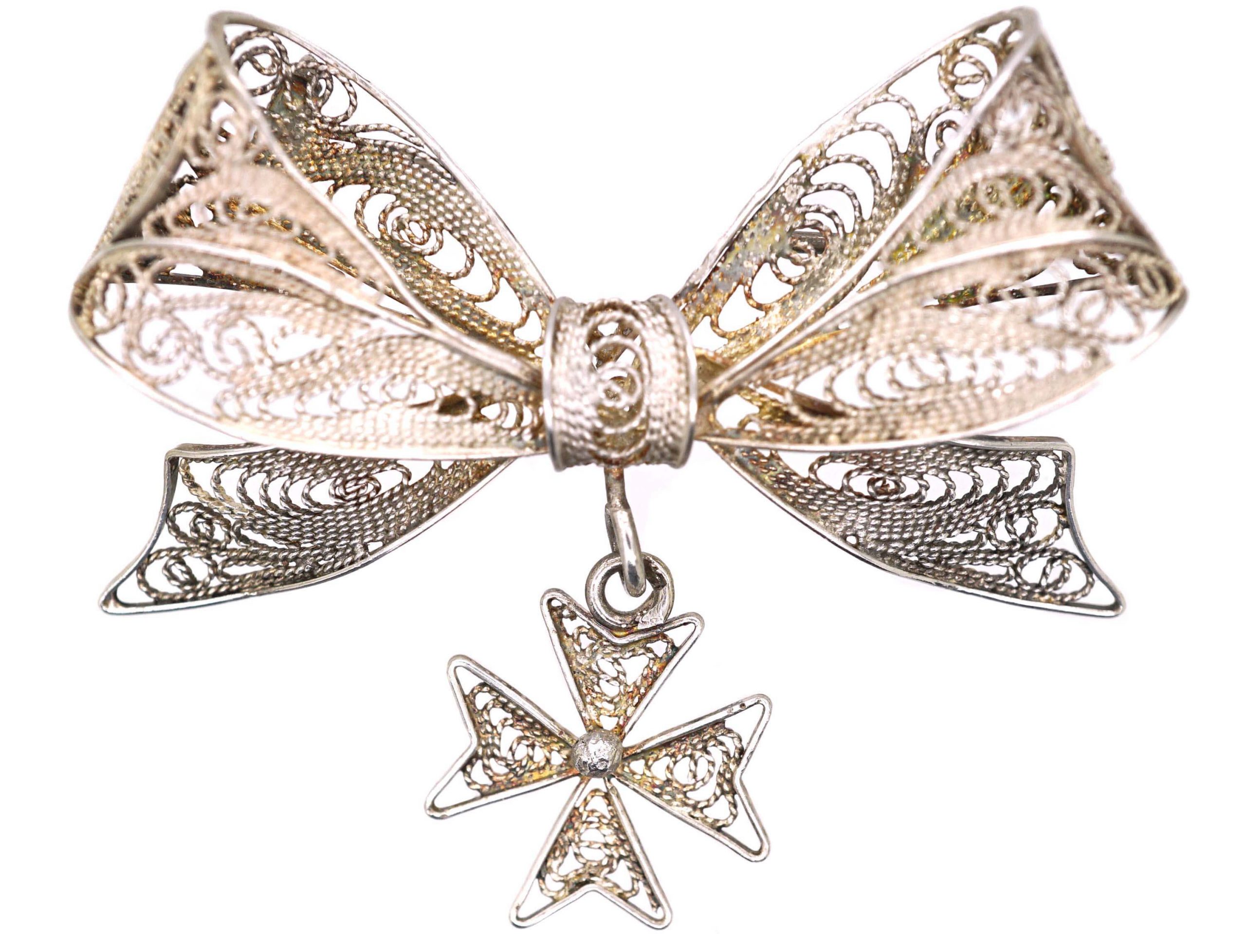 Mid 20th Century Silver Filigree Bow & Maltese Cross Brooch