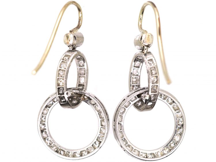 Edwardian Platinum Diamond Double Hoop Drop Earrings