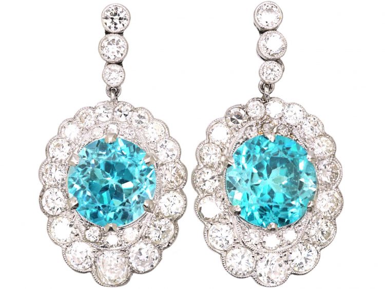 Art Deco Platinum Zircon & Diamond Drop Earrings