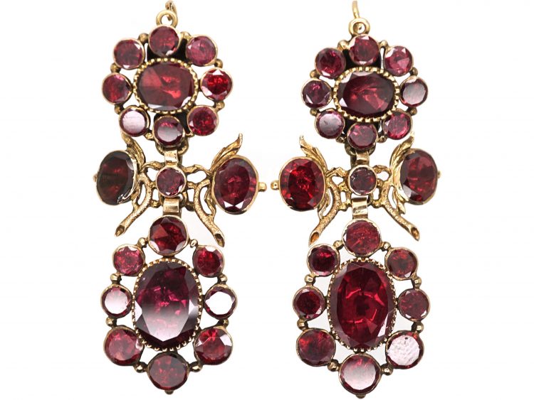 Early 19th Century French 18ct Gold Flat Cut Garnet Drop Flower Earrings