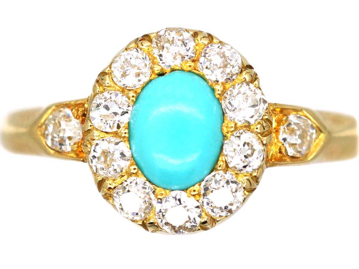 Victorian 18ct Gold Turquoise & Diamond Cluster Ring