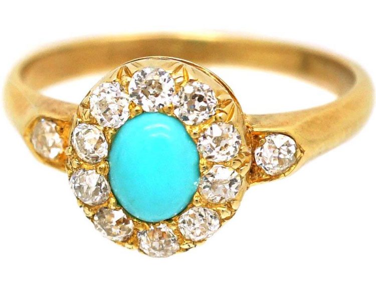 Victorian 18ct Gold Turquoise & Diamond Cluster Ring