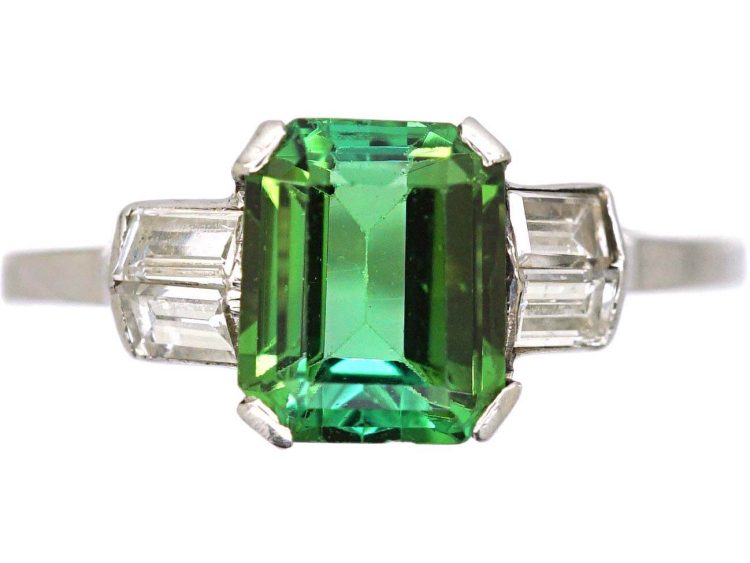Retro Platinum Green Tourmaline Ring with Baguette Diamond Shoulders