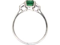 Retro Platinum Green Tourmaline Ring with Baguette Diamond Shoulders