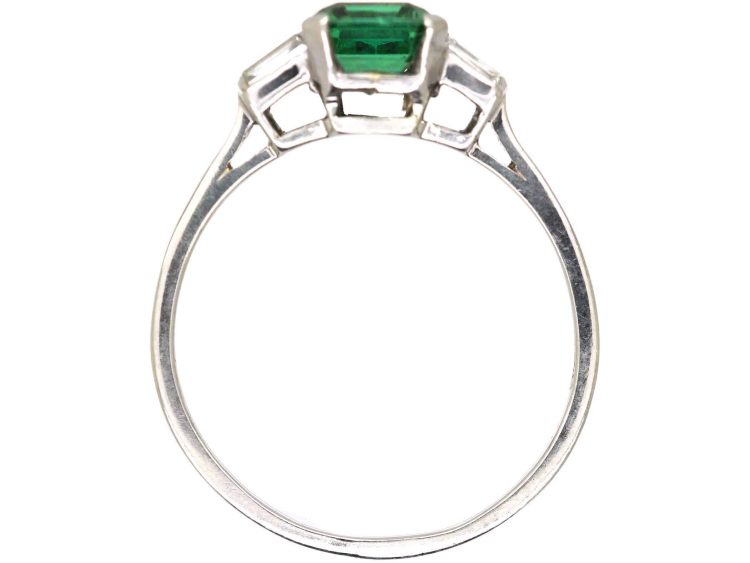 Retro Platinum Green Tourmaline Ring with Baguette Diamond Shoulders