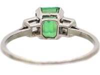 Retro Platinum Green Tourmaline Ring with Baguette Diamond Shoulders