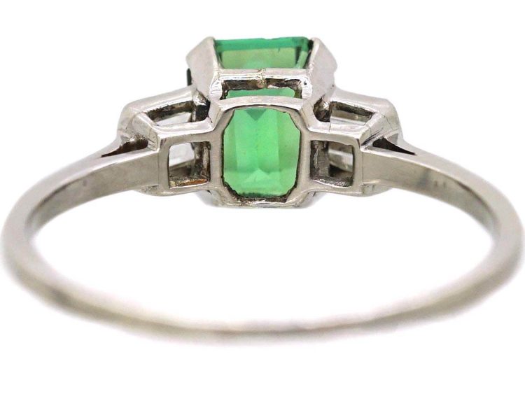 Retro Platinum Green Tourmaline Ring with Baguette Diamond Shoulders