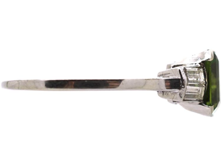 Retro Platinum Green Tourmaline Ring with Baguette Diamond Shoulders