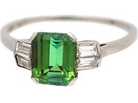 Retro Platinum Green Tourmaline Ring with Baguette Diamond Shoulders
