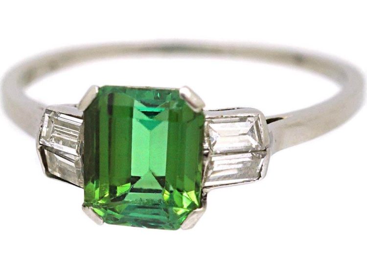 Retro Platinum Green Tourmaline Ring with Baguette Diamond Shoulders