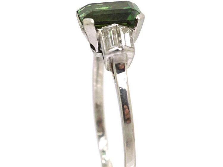 Retro Platinum Green Tourmaline Ring with Baguette Diamond Shoulders