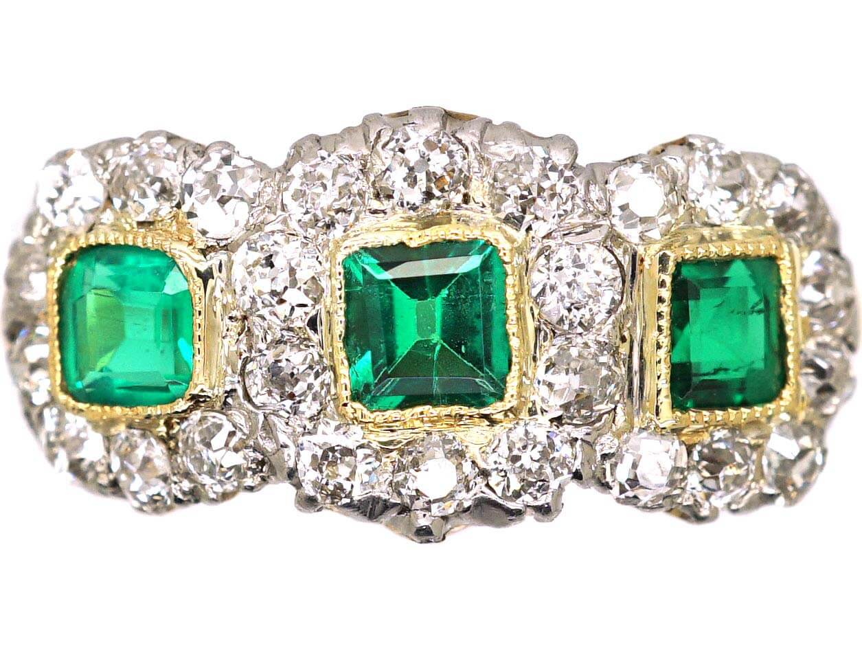 Edwardian 18ct Gold & Platinum Emerald & Diamond Triple Cluster Ring