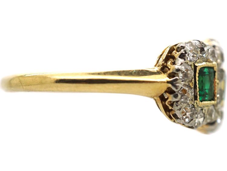 Edwardian 18ct Gold & Platinum Emerald & Diamond Triple Cluster Ring