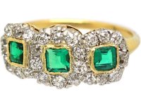 Edwardian 18ct Gold & Platinum Emerald & Diamond Triple Cluster Ring