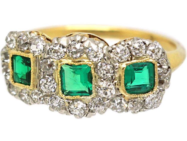 Edwardian 18ct Gold & Platinum Emerald & Diamond Triple Cluster Ring