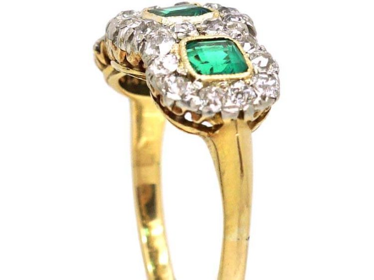 Edwardian 18ct Gold & Platinum Emerald & Diamond Triple Cluster Ring