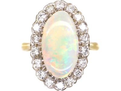 Mid Century 18ct Gold Opal & Diamond Oval Cluster Ring