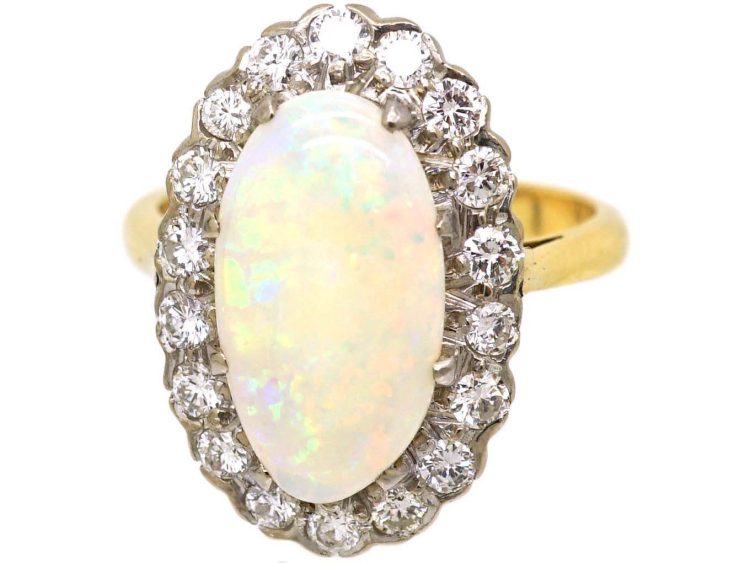 Mid Century 18ct Gold Opal & Diamond Oval Cluster Ring