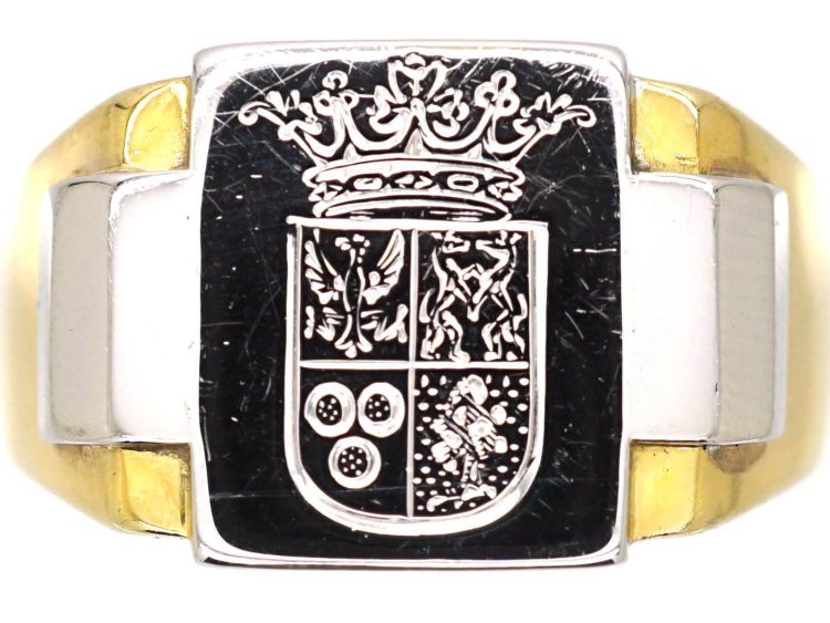 Art Deco Platinum & 18ct Gold Signet Ring with Engraved Crest