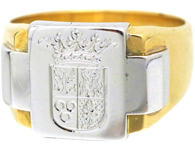 Art Deco Platinum & 18ct Gold Signet Ring with Engraved Crest