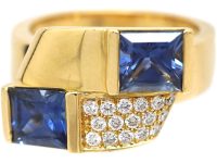 French 18ct Gold Cross Over Ring set with Square Cut Sapphires & Diamonds