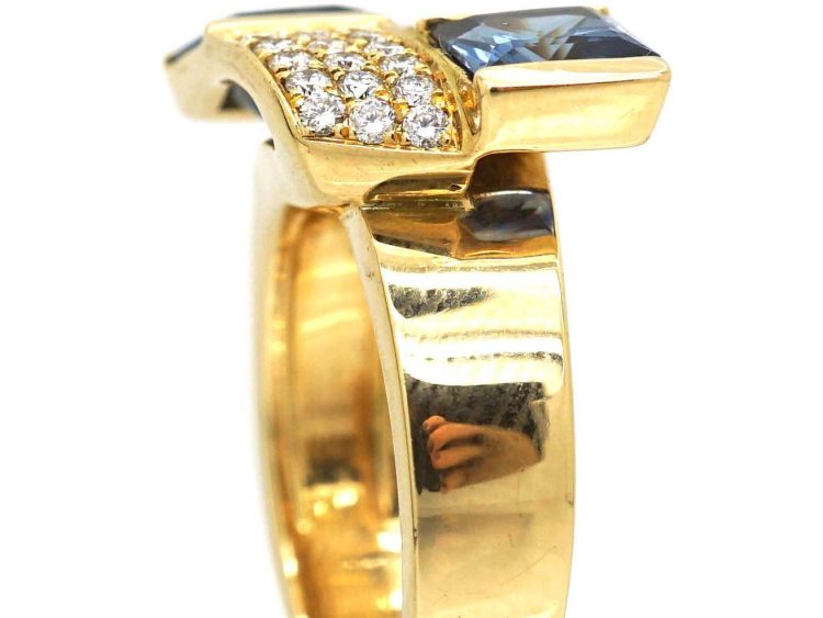 French 18ct Gold Cross Over Ring set with Square Cut Sapphires & Diamonds