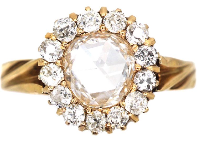 Early 20th Century 18ct Gold, Rose Diamond Cluster Ring with Ornate Shoulders