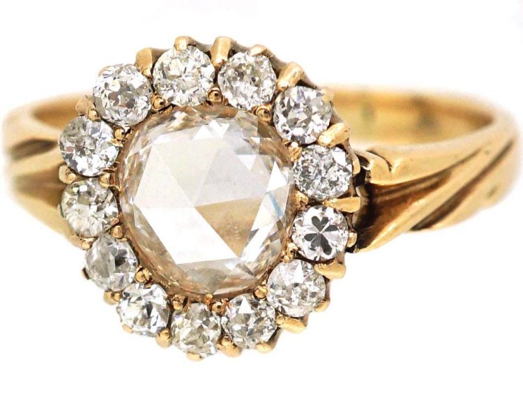 Early 20th Century 18ct Gold, Rose Diamond Cluster Ring with Ornate Shoulders