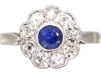 Edwardian Platinum Sapphire & Diamond Cluster Ring