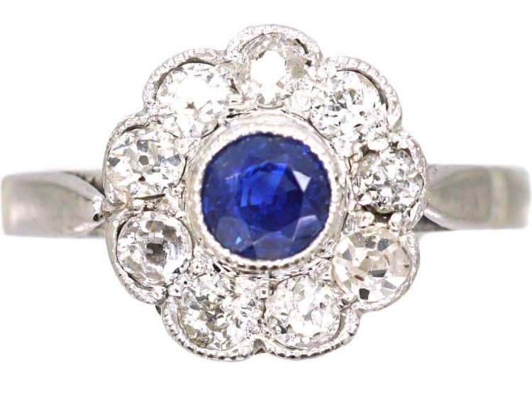 Edwardian Platinum Sapphire & Diamond Cluster Ring