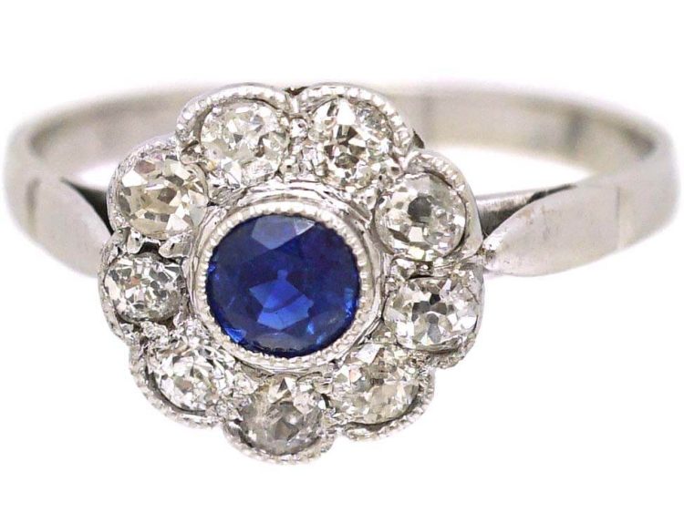 Edwardian Platinum Sapphire & Diamond Cluster Ring