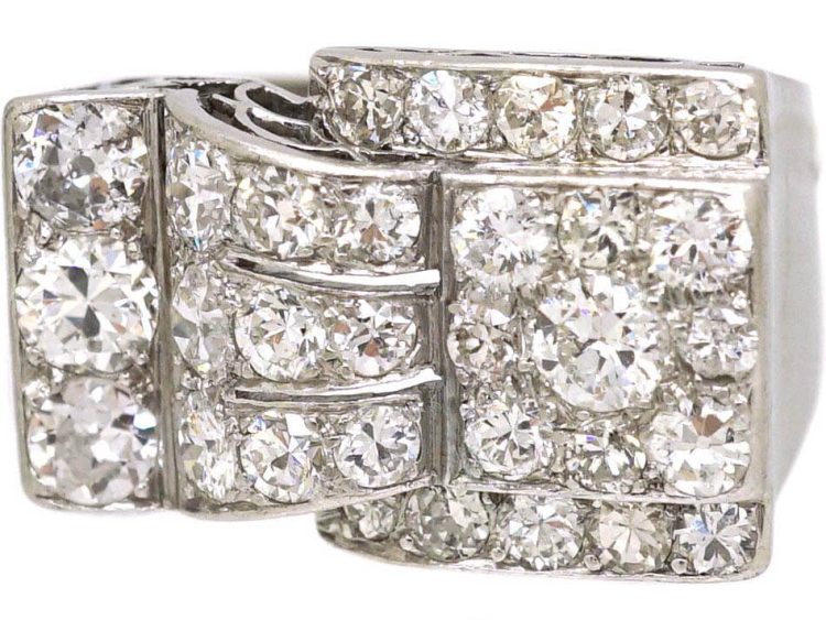 Retro Platinum Cocktail stylised Buckle Ring set with Diamonds