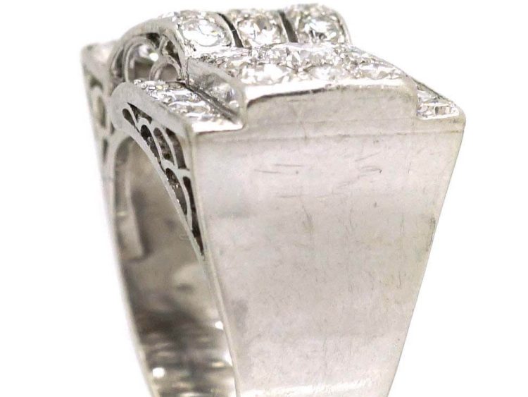 Retro Platinum Cocktail stylised Buckle Ring set with Diamonds