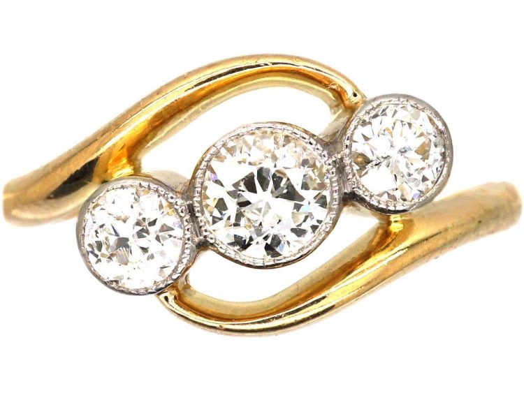 Edwardian 18ct Gold, Platinum & Diamond Three Stone Crossover Ring