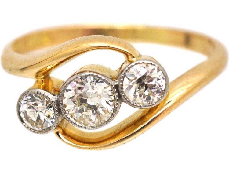 Edwardian 18ct Gold, Platinum & Diamond Three Stone Crossover Ring