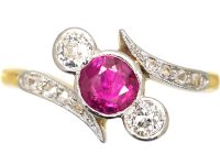 Edwardian 18ct Gold, Pink Sapphire & Diamond Crossover Ring with Rose Diamond Shoulders