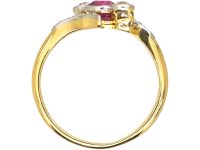 Edwardian 18ct Gold, Pink Sapphire & Diamond Crossover Ring with Rose Diamond Shoulders