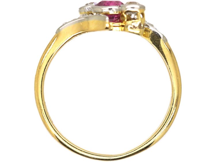 Edwardian 18ct Gold, Pink Sapphire & Diamond Crossover Ring with Rose Diamond Shoulders