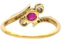 Edwardian 18ct Gold, Pink Sapphire & Diamond Crossover Ring with Rose Diamond Shoulders