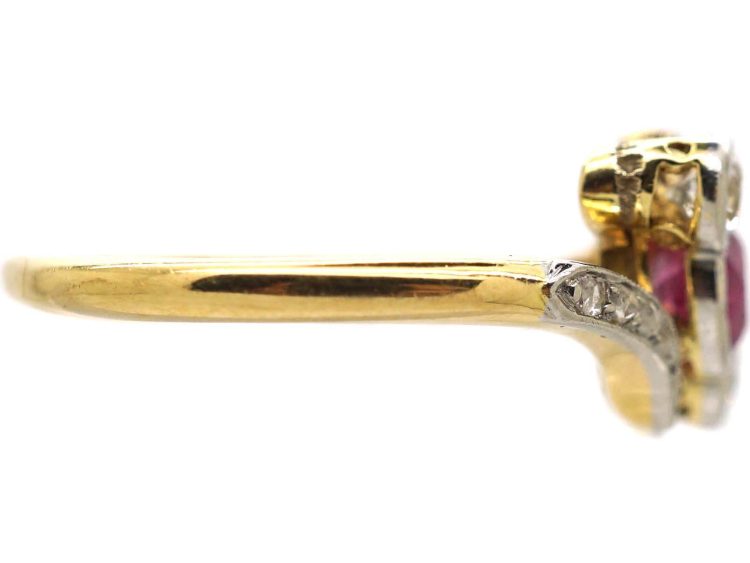 Edwardian 18ct Gold, Pink Sapphire & Diamond Crossover Ring with Rose Diamond Shoulders