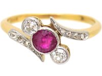 Edwardian 18ct Gold, Pink Sapphire & Diamond Crossover Ring with Rose Diamond Shoulders
