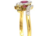 Edwardian 18ct Gold, Pink Sapphire & Diamond Crossover Ring with Rose Diamond Shoulders