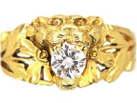 Swedish Art Nouveau 18ct Gold Leopard's Mask Ring set with a Diamond