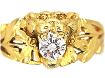 Swedish Art Nouveau 18ct Gold Leopard’s Mask Ring set with a Diamond