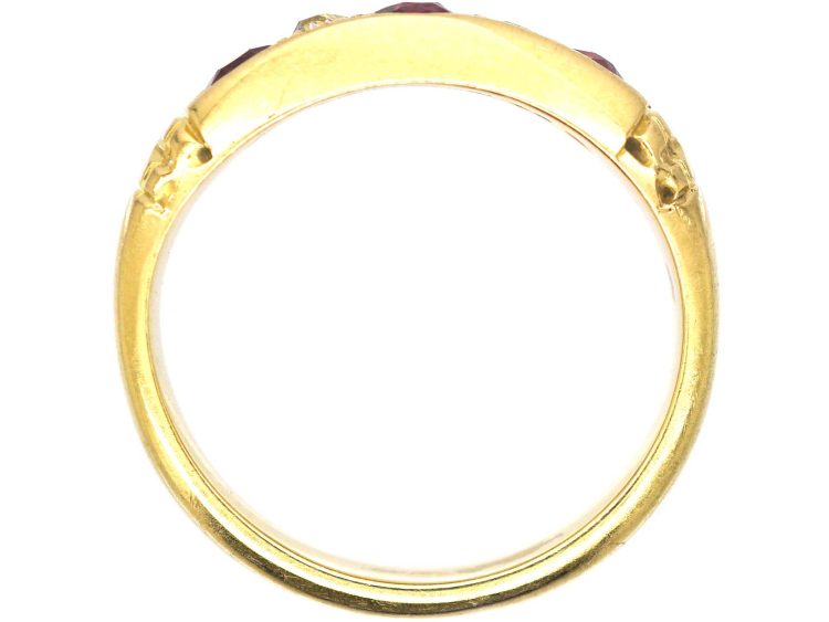Edwardian 18ct Gold Three Stone Ruby & Diamond Ring with Criss Cross Motif on the Shoulders