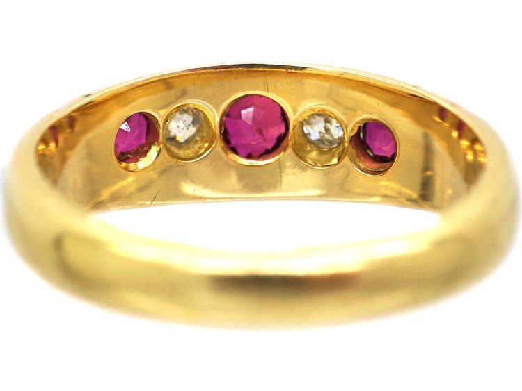 Edwardian 18ct Gold Three Stone Ruby & Diamond Ring with Criss Cross Motif on the Shoulders