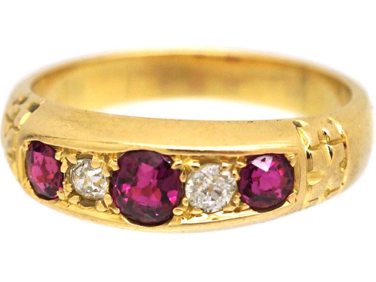 Edwardian 18ct Gold Three Stone Ruby & Diamond Ring with Criss Cross Motif on the Shoulders