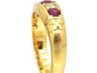 Edwardian 18ct Gold Three Stone Ruby & Diamond Ring with Criss Cross Motif on the Shoulders