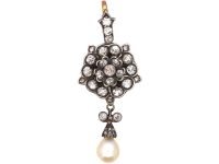 Edwardian Tudor Rose Diamond Pendant with Natural Pearl Drop